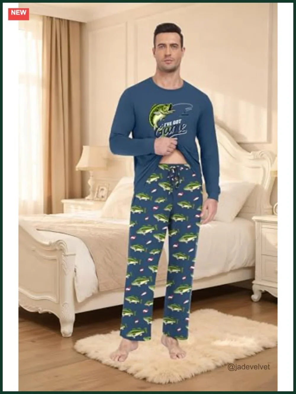 Men's Fishing Bass Pajama Set Long Sleeve Lightweight Sleepwear Loungewear